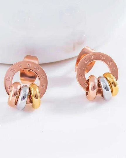 Chic Rose Gold Stainless Steel Stud Earrings with Roman Numeral Design - A Timeless Gift for Her