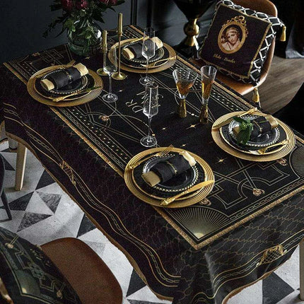 Elegant Black Velvet Dining Table Cover with Exquisite Gold Accents