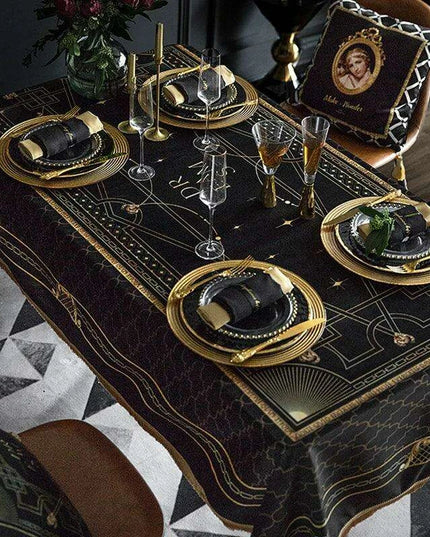 Elegant Black Velvet Dining Table Cover with Exquisite Gold Accents