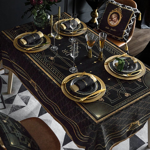 European Elegance Black Velvet Tablecloth with Golden Prints