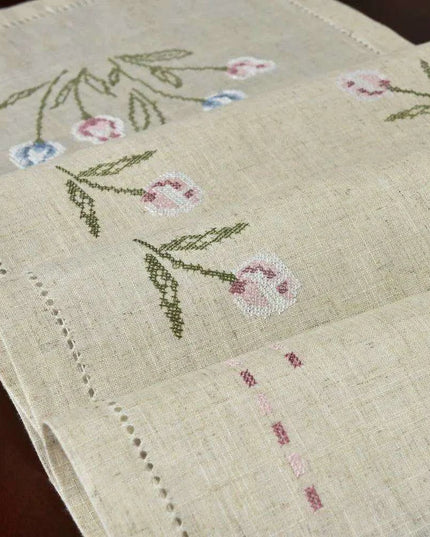 Tulip Elegance Cross-Stitch Table Runner - Exquisite Floral Embroidery - Natural Rustic Appeal - 72" - Perfect for Home, Airbnb, Hotel