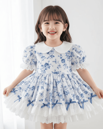 Eid Celebration Vintage Lace Bow Summer Dress Set for Girls