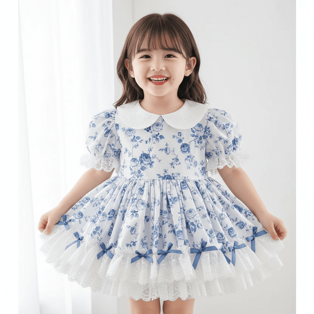 Eid Celebration Vintage Lace Bow Summer Dress Set for Girls