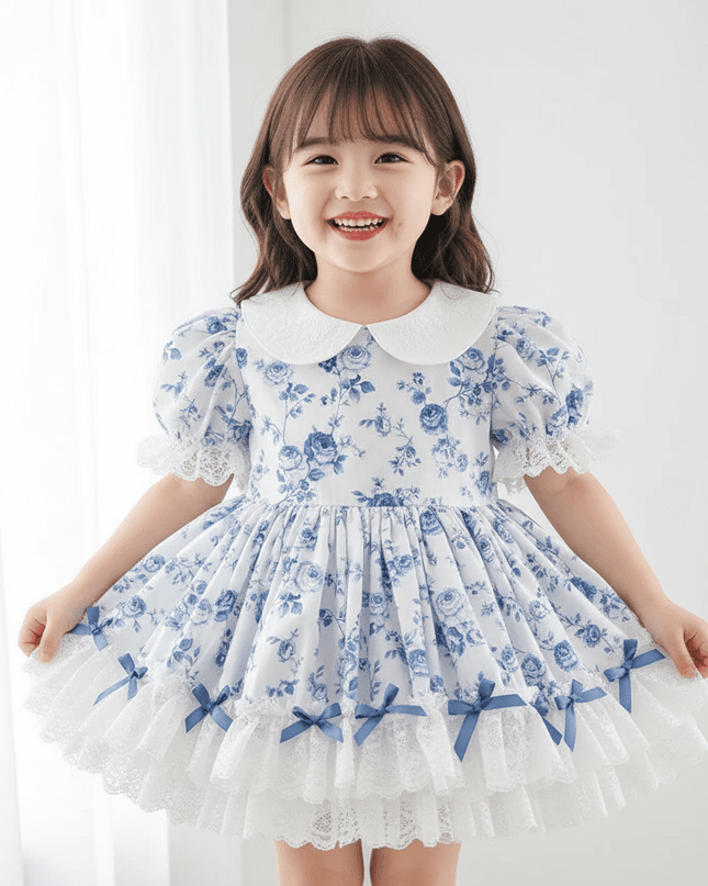 Eid Celebration Vintage Lace Bow Summer Dress Set for Girls