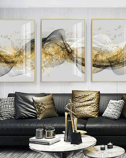 Opulent Golden Ribbon Landscape Canvas Art - Sophisticated Home Elegance