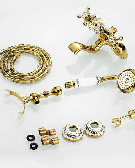 Luxurious Gold Brass Bathtub Faucet with Crystal Accents and Hand Shower