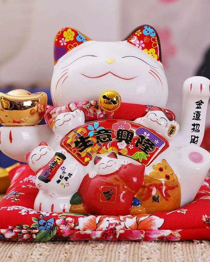 Ceramic 7.5-Inch Maneki Neko Cat Figurine with Swinging Arm for Attracting Abundance and Good Fortune