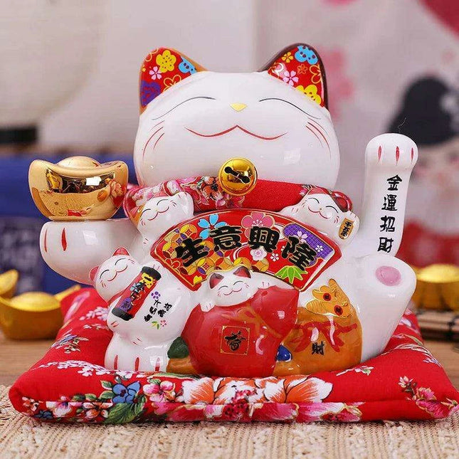 Ceramic 7.5-Inch Maneki Neko Cat Figurine with Swinging Arm for Attracting Abundance and Good Fortune