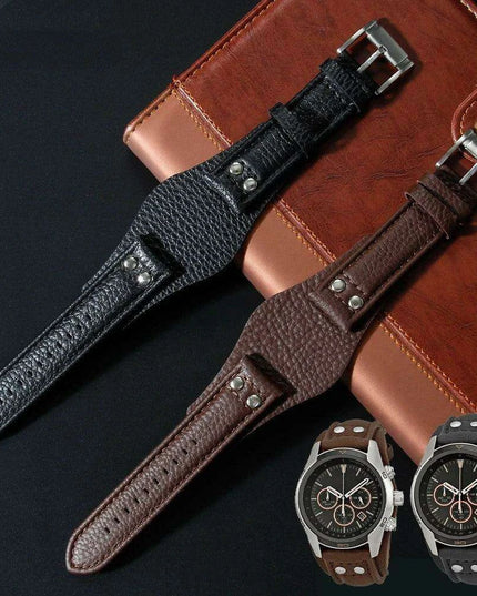 22mm Luxurious Black/Brown Riveted Leather Strap for Fossil Watches