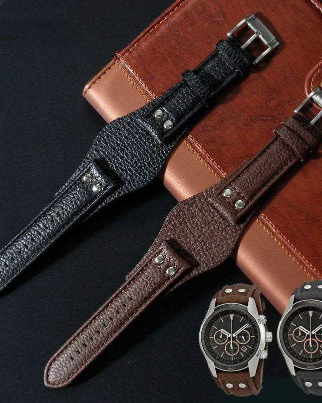 22mm Luxurious Black/Brown Riveted Leather Strap for Fossil Watches