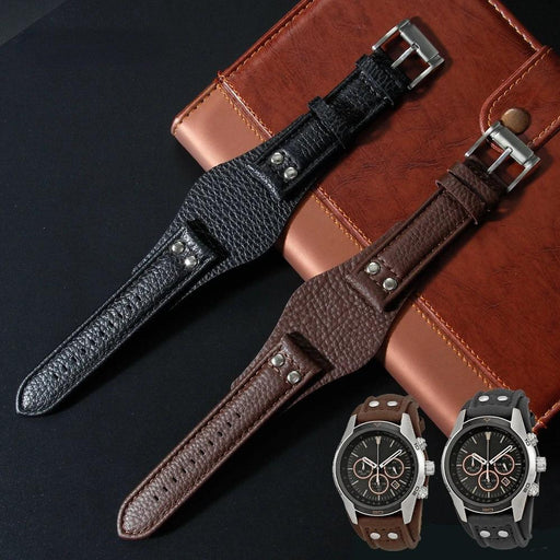 22mm Genuine Leather Watch Band for Fossil Watches - Black/Brown Rivet Style