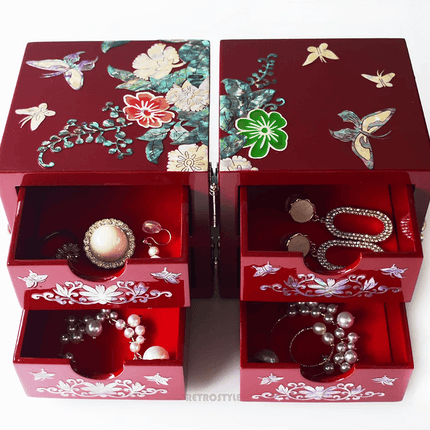 Handcrafted Mother of Pearl Jewelry Organizer Box with Peony & Butterfly Design