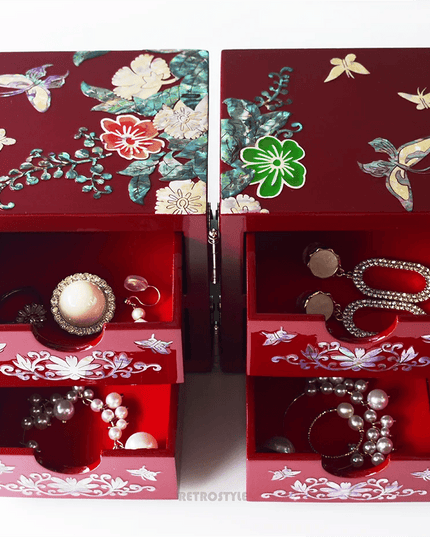 Handcrafted Mother of Pearl Jewelry Organizer Box with Peony & Butterfly Design