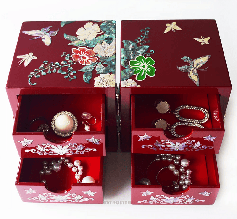 Handcrafted Mother of Pearl Jewelry Organizer Box with Peony & Butterfly Design