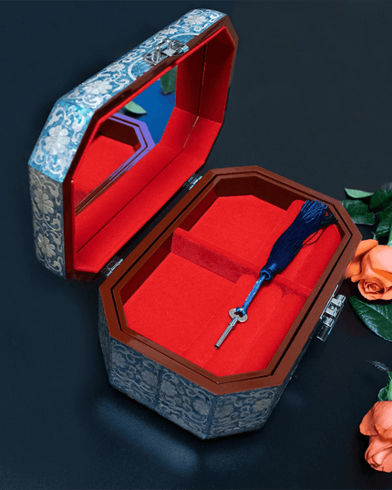 Opulent Two-Tier Jewelry Storage Box with Mother-of-Pearl Detailing and Integrated Mirror