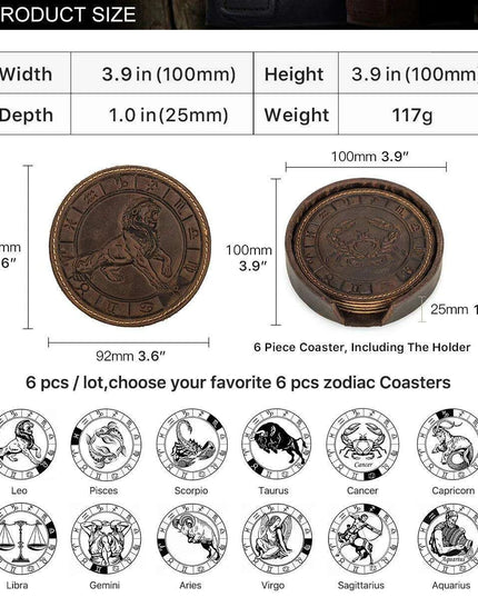 Astrological Elegance Leather Drink Coasters - Set of 6 with Distinct Zodiac Patterns