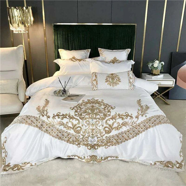 Elegant White Satin and Cotton Embroidered Luxury Bedding Collection with Duvet Cover, Sheets, and Pillowcases