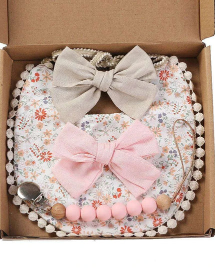 Chic Floral Baby Care Set: Bib, Headband, and Silicone Pacifier Clip in Festive Gift Box