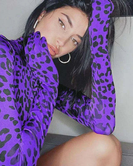 Leopard Print Long Sleeve Turtleneck Bodysuit for Women with Gloves - Slim Bodycon Rave Outfit for Autumn