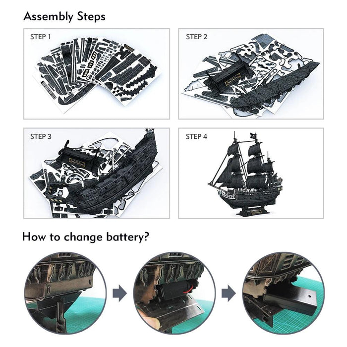Illuminated 3D Metal Puzzle Kit - Queen Anne's Revenge Pirate Ship Model for Adults and Teens, 340-Piece Challenge