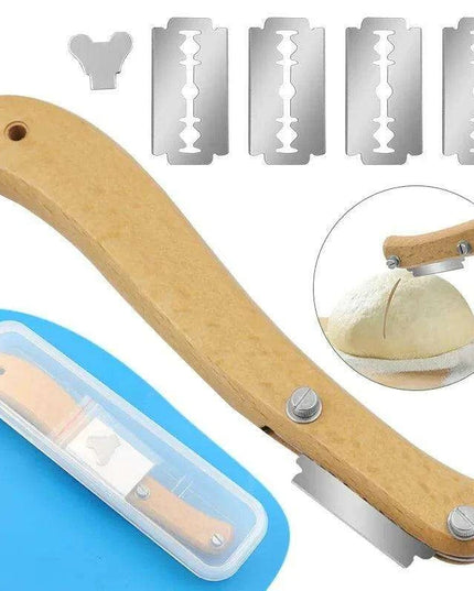 French Bakery Bread Knife Set with Ergonomic Wooden Handle and 5 Curved Blades - Complete Bundle with Packaging Box