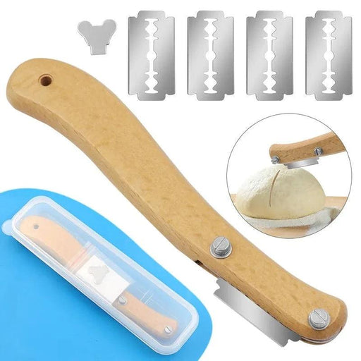 French Bakery Bread Knife Set with Ergonomic Wooden Handle and 5 Curved Blades - Complete Bundle with Packaging Box