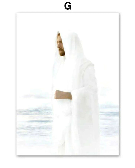 Divine Coastal Serenity: Christ Jesus Nordic Canvas Art for Spiritual Spaces