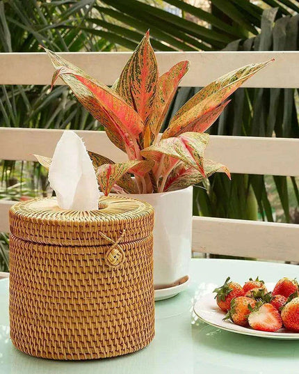 Chic Rattan Tissue and Toilet Paper Storage Box with Lid for Home and Office Use