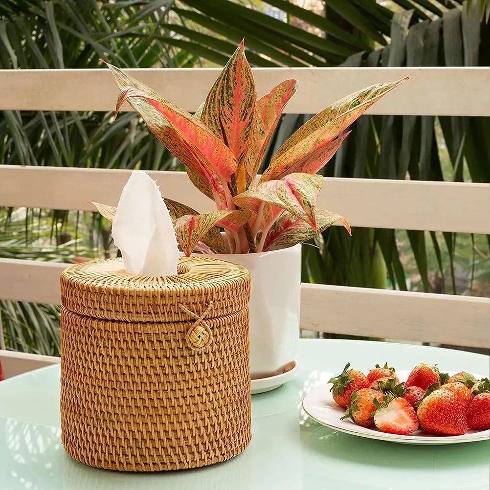 Chic Rattan Tissue and Toilet Paper Storage Box with Lid for Home and Office Use