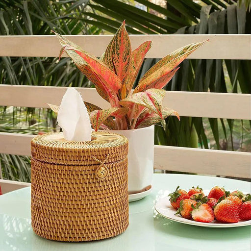 Chic Rattan Tissue and Toilet Paper Storage Box with Lid for Home and Office Use