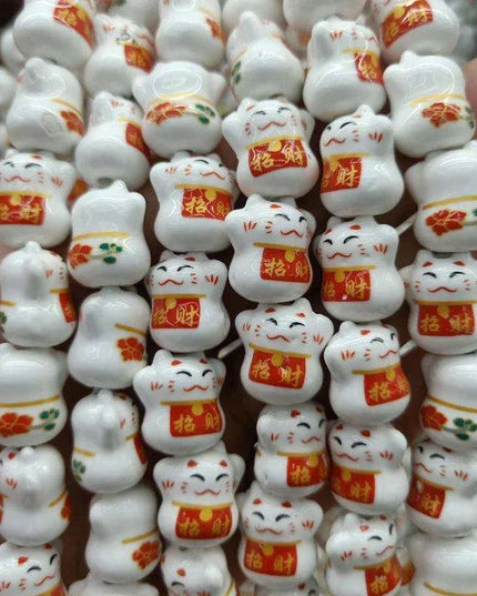 Charming Lucky Cat Ceramic Bead Set - 20 Whimsical Pieces for DIY Jewelry Creations (15mm x 17mm)