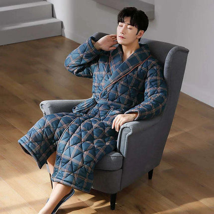 Men's Elegant Plaid Kimono Robe - Superior Cotton Lounge Wear for Chilly Seasons