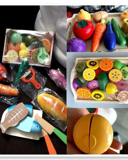Montessori Wooden Kitchen Playset - Interactive Pretend Cooking Toy with Fruit & Vegetable Cutting Set for Children