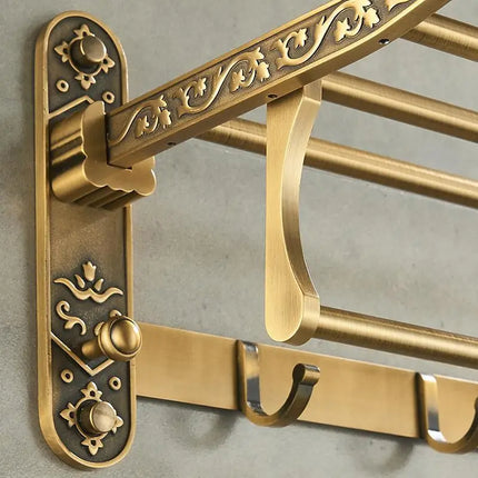 Foldable Antique Brass Towel Rack | Double Shelf with Hooks