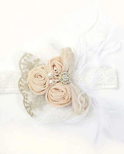 Elegant Vintage Baby Headband with Satin Flower, Feather, and Pearl Details