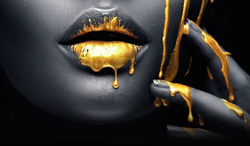 Golden Lips Black Women Oil Painting - Large Modern Wall Art Piece