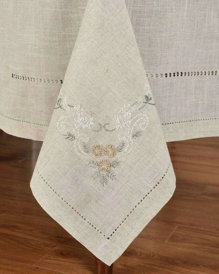 Elegant Grey Linen Dining Set with 8 Hand-Embroidered Napkins - Exquisite Table Ensemble