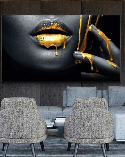 Stunning Golden Lips Canvas Art - Bold Tribute to Black Women for Chic Home Decor