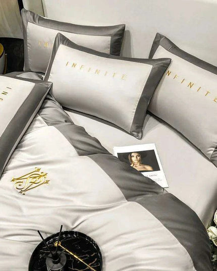 Elegant Gray 60S Egyptian Cotton Luxury Bedding Set with Intricate Embroidery - Duvet Cover, Sheet & Pillowcases