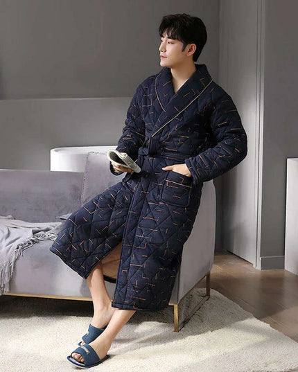 Men's Elegant Plaid Kimono Robe - Superior Cotton Lounge Wear for Chilly Seasons