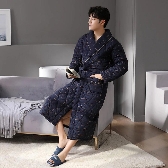 Plush Men's Tartan Kimono Robe - Soft Cotton Loungewear for Autumn & Winter Style, Breathable & Cozy