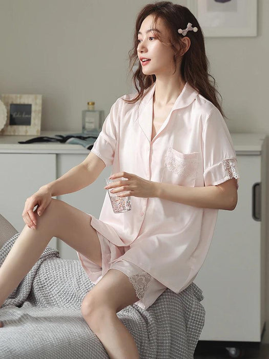 Sophisticated Lace-Adorned Satin Sleepwear Set for Women