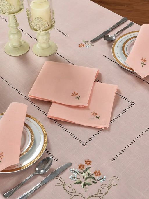 Handcrafted Light Coral Tablecloth Set with 8 Napkins - Camellia Casa Luxe Collection