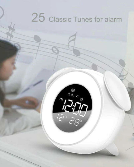 Colorful Rechargeable LED Alarm Clock with Sunrise-Sunset Simulation and Mirror Finish