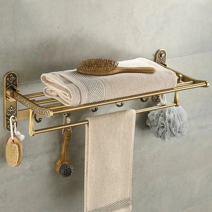 Foldable Antique Brass Towel Rack | Double Shelf with Hooks