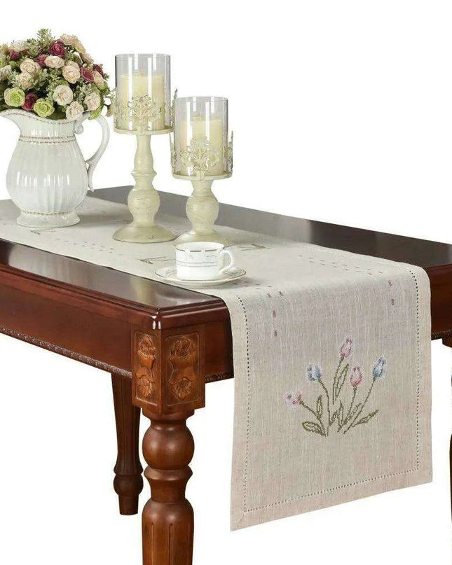 Tulip Elegance Cross-Stitch Table Runner - Exquisite Floral Embroidery - Natural Rustic Appeal - 72" - Perfect for Home, Airbnb, Hotel