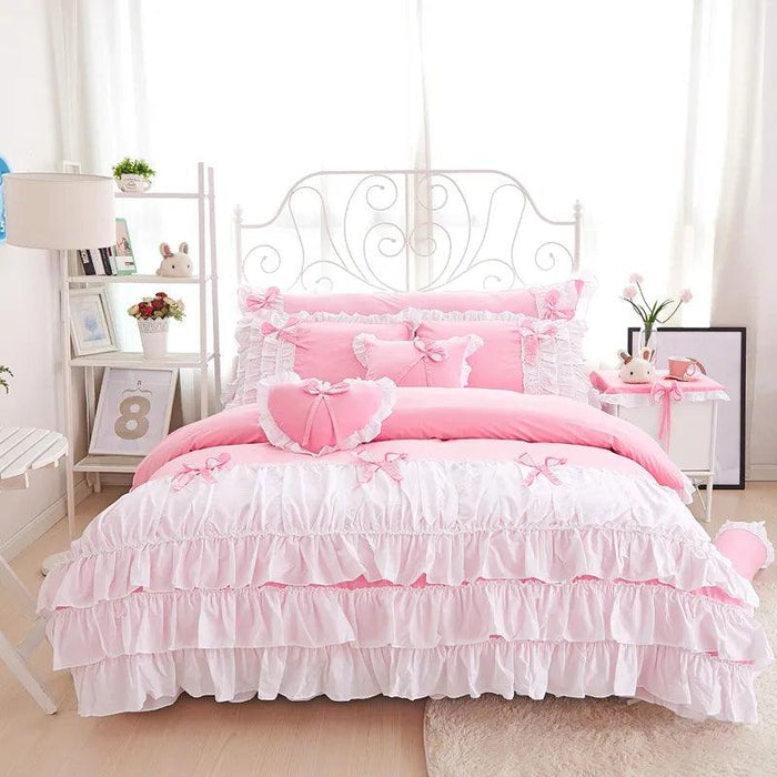 Korean Princess Pink Bow Cotton Bedding Set with Ruffles