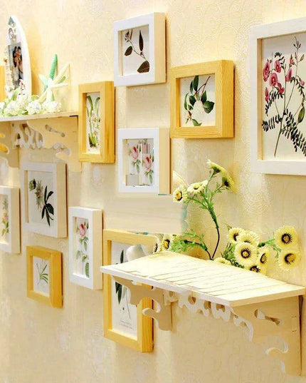 Elegant 13-Piece White Wood Carved Photo Frame Collection with Shelf Accents