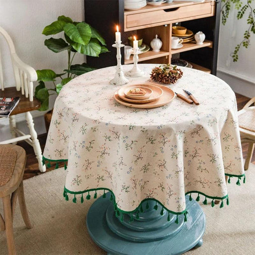 Elegant Floral Print Cotton Linen Table Cover with Tassel Trim - Round Protector