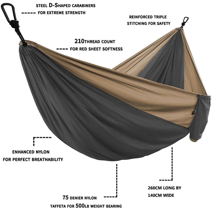 Hammock with Tree Straps | Parachute Nylon | Carabiners | Camping